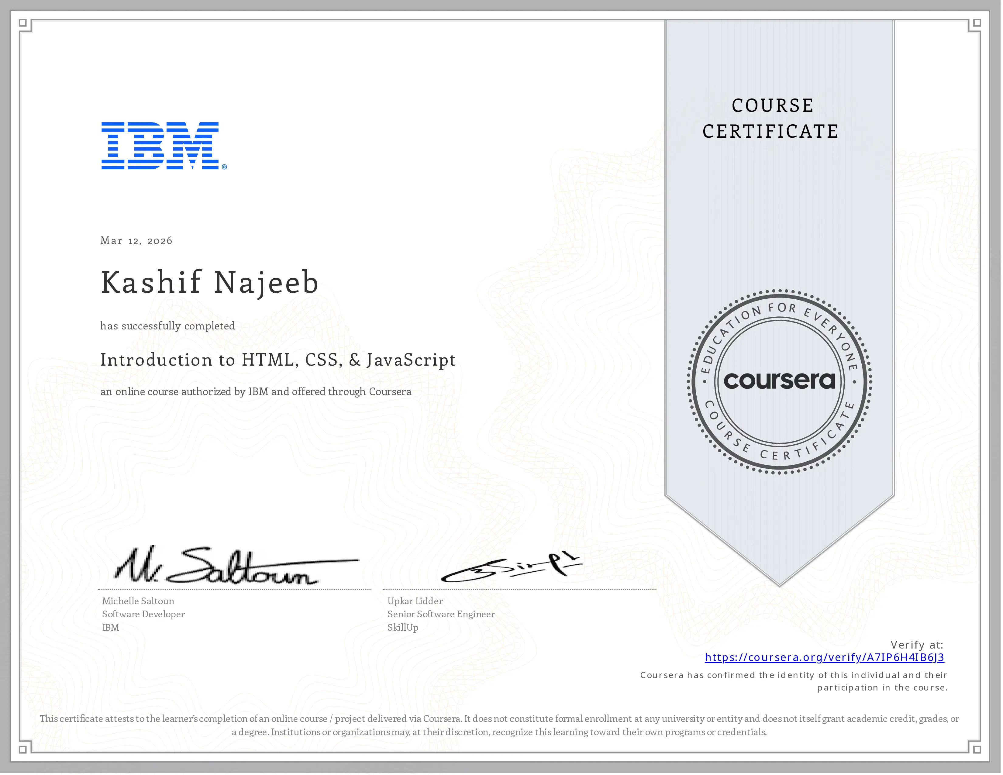 IBM Course Certificate: Introduction to HTML, CSS, & JavaScript